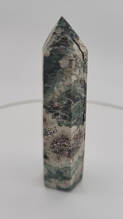 Green Flower Agate Tower 3"H