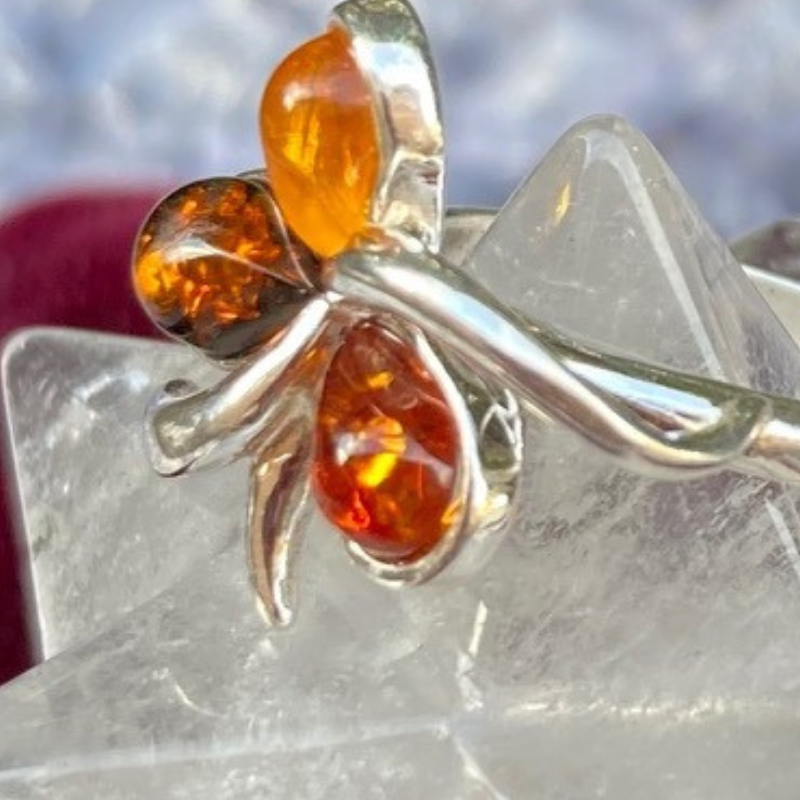 Amber Clover Ring, Sterling Silver