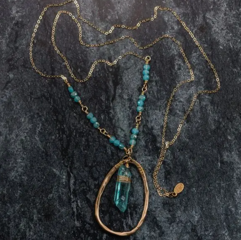 Aura Quartz Necklace Gold/Bronze Stamped