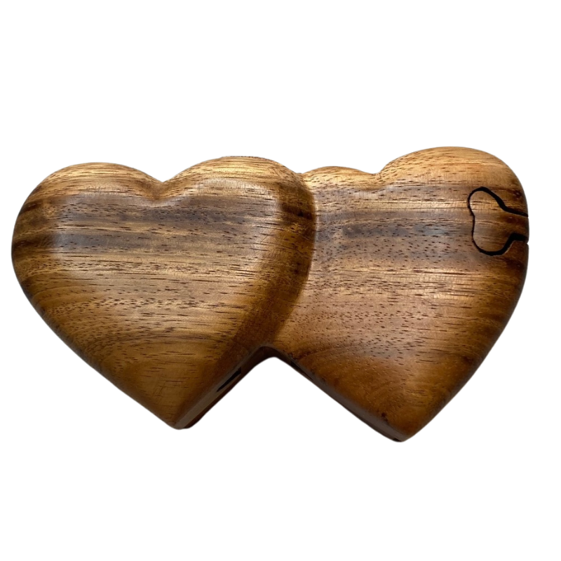 Double Heart Handcrafted Wood Trinket Box w/ Puzzle Lock