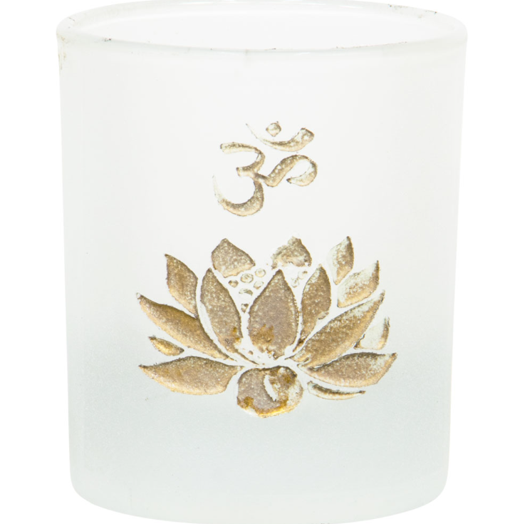 Lotus Om Votive Holder Etched Glass with Gold Writing