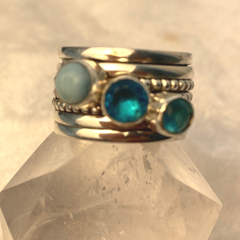 Triple Stone Spinner Ring w/ Larimar and Blue Topaz Sterling Silver Size 9