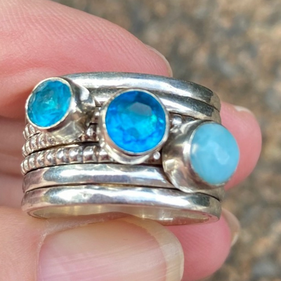 Triple Stone Spinner Ring w/ Larimar and Blue Topaz Sterling Silver Size 9