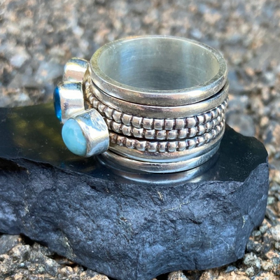 Triple Stone Spinner Ring w/ Larimar and Blue Topaz Sterling Silver Size 9