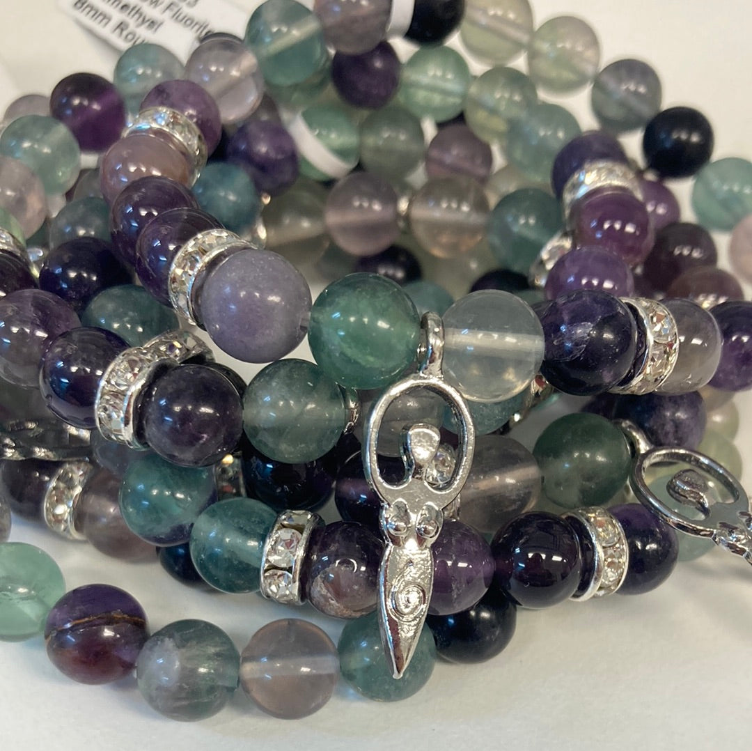 Fluorite & Amethyst w/Goddess Charm Bracelet 8mm