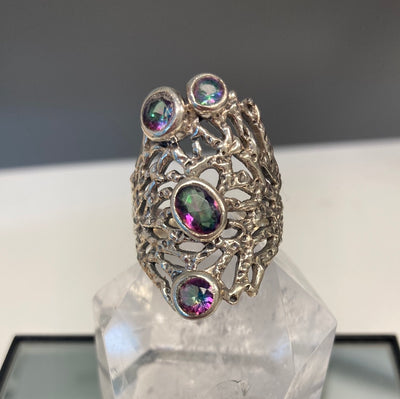 Mystic Quartz Filigree Statement Ring Sterling Silver Size 9.5