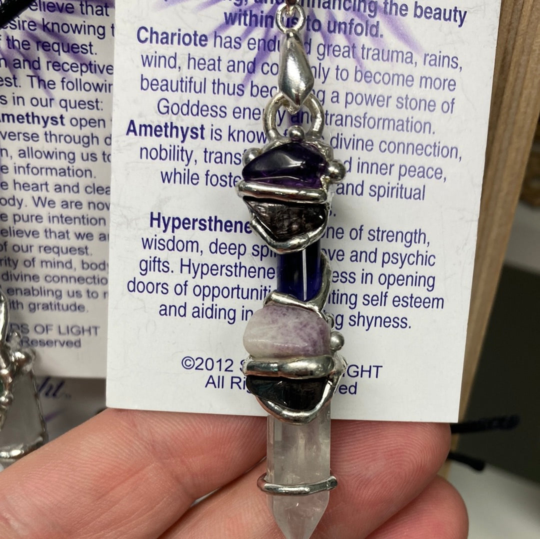 Goddess Divine Baby Wand Chariote Hypersthene Necklace Crystal Point