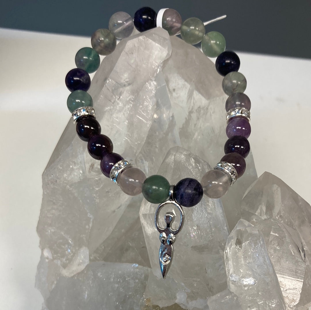 Fluorite & Amethyst w/Goddess Charm Bracelet 8mm