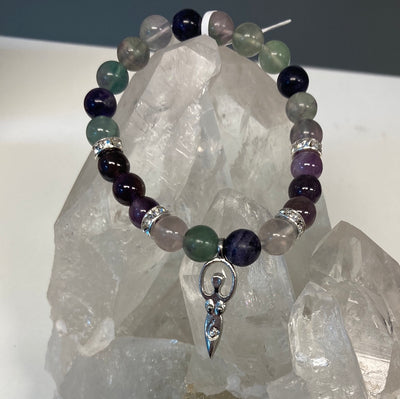 Fluorite & Amethyst w/Goddess Charm Bracelet 8mm