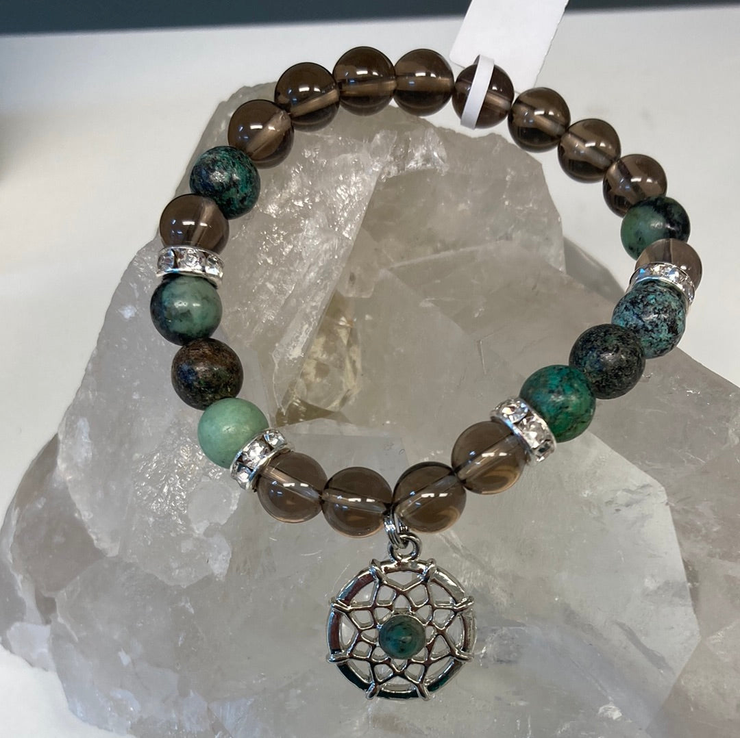 Turquoise & Smoky Quartz w/Dreamcatcher Charm 8mm Bracelet