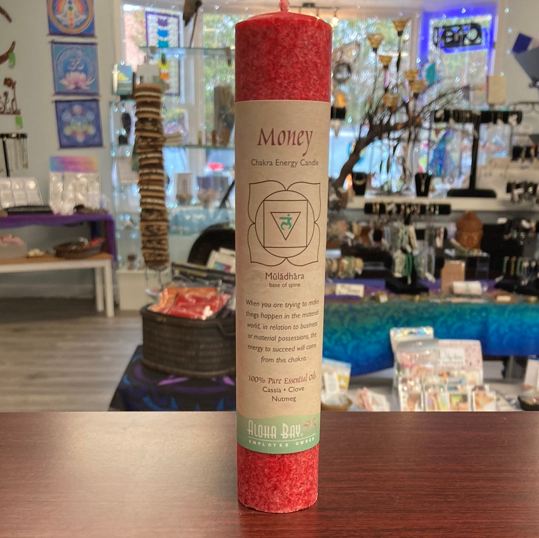 Money Pillar Candle Root Chakra - Aloha Bay Candles