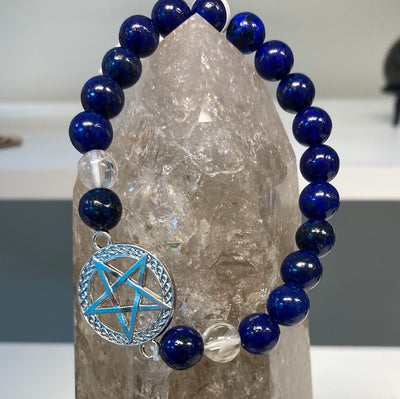 Lapis Lazuli & Clear Quartz w/Pentacle Charm Bracelet 8mm