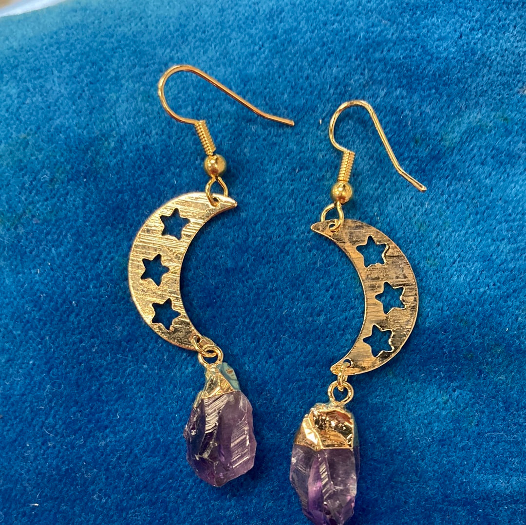 Moon with Amethyst Dangle Earrings