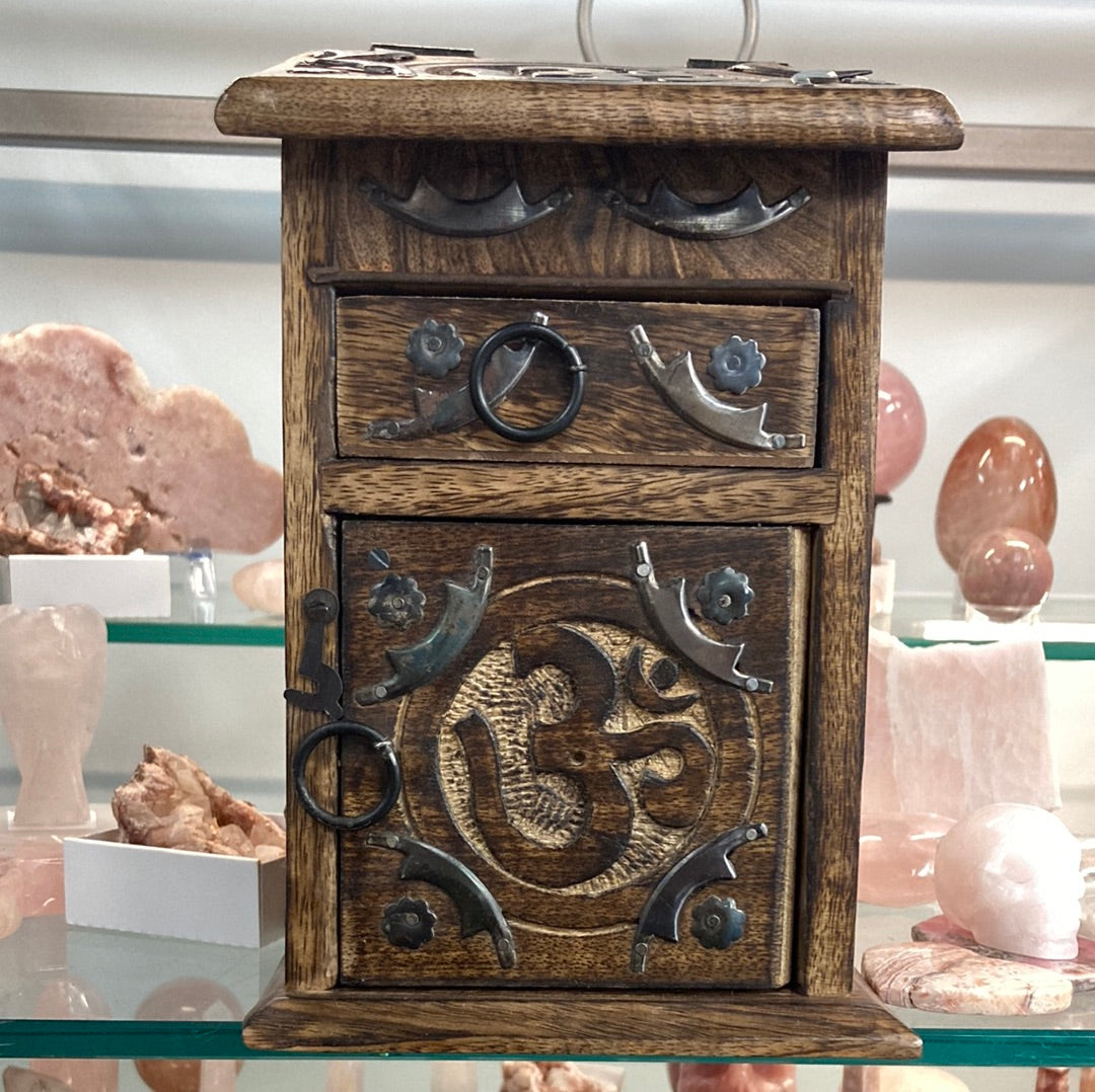 Wood Carved Herb Chest Box w/ Drawers