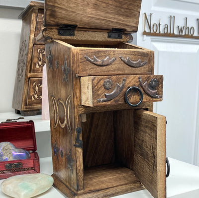 Wood Carved Herb Chest Box w/ Drawers