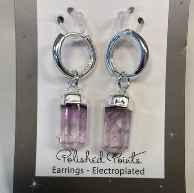 Amethyst Crystal Point Dangle Earrings/Silver electroplated