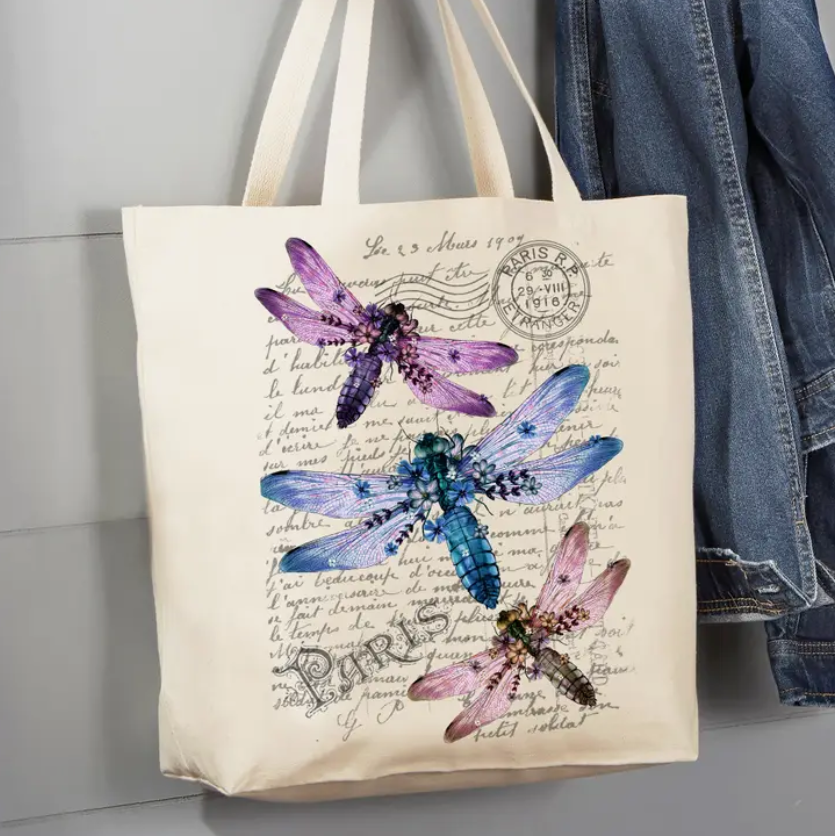 Vintage Dragonfly Paris Canvas Tote Bag